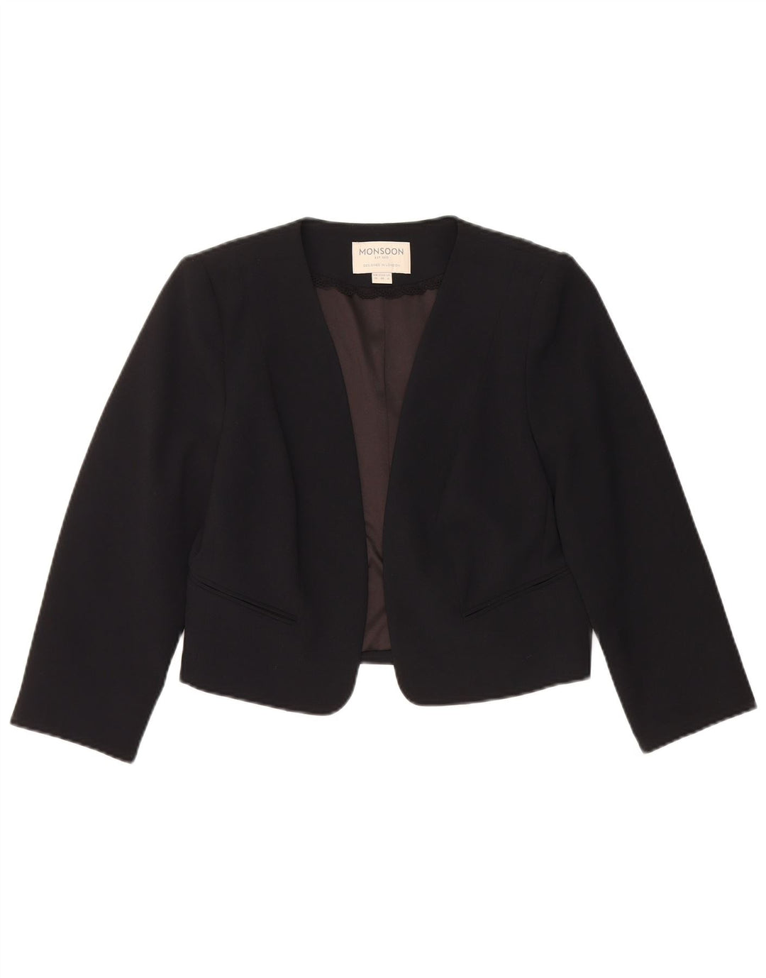 Damska marynarka Monsoon Crop Open Blazer UK 10, mała, czarna, poliester