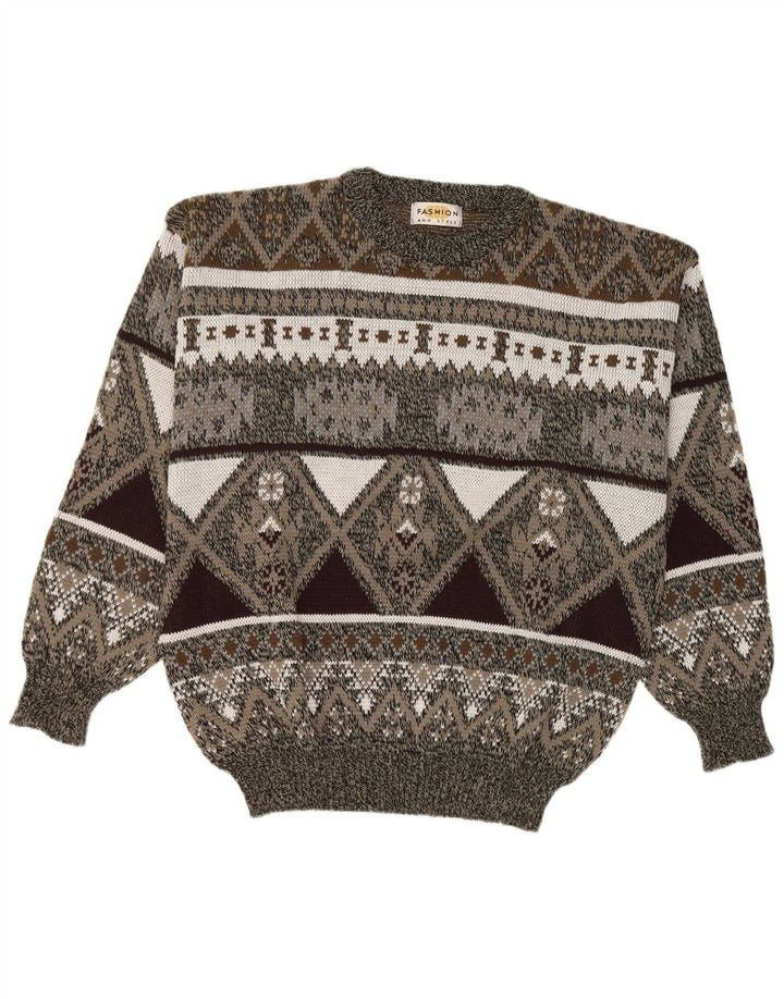 Vintage męski sweter z okrągłym dekoltem IT 42/44, duży szary geometryczny