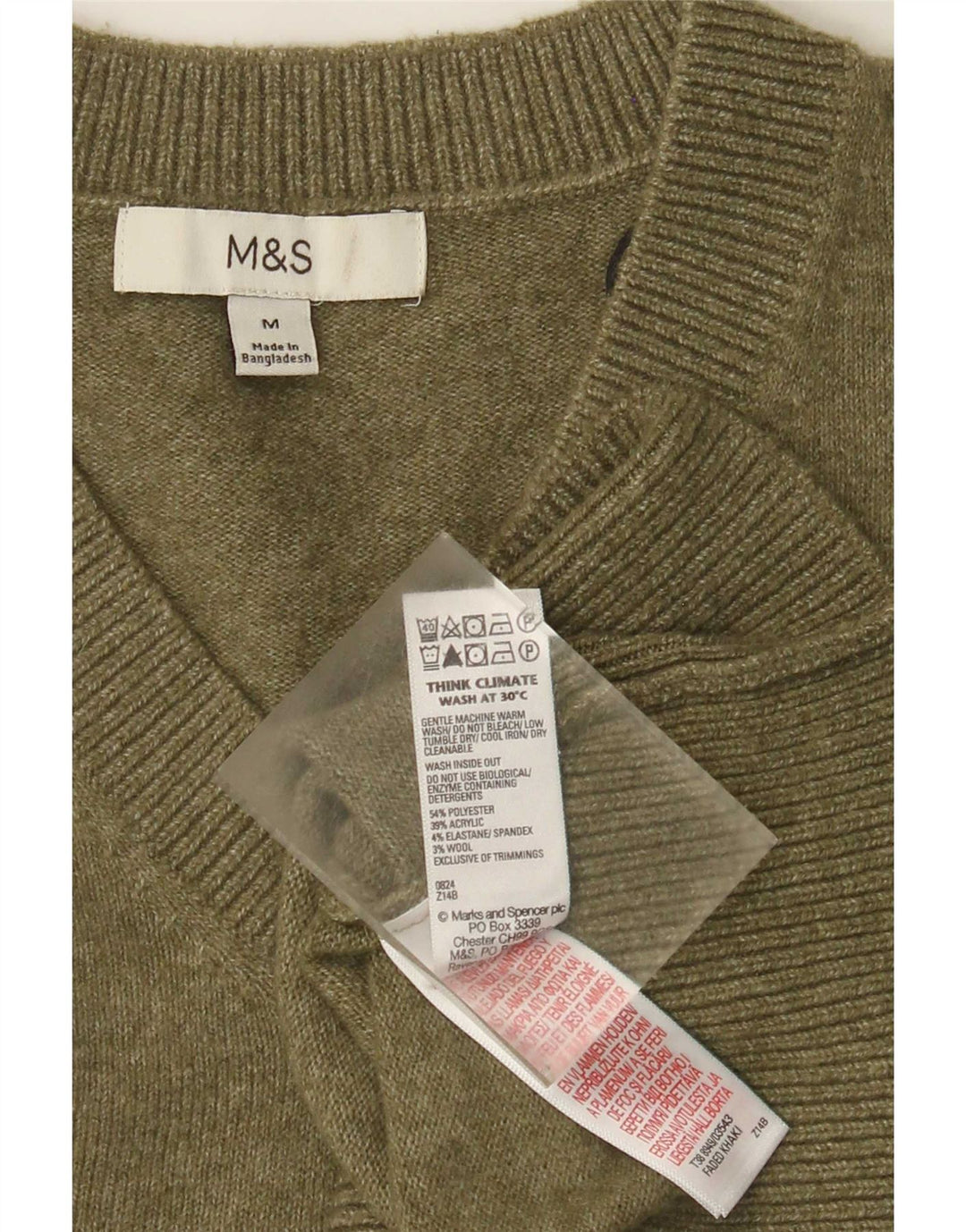 Marks & Spencer Męski sweter z dekoltem w kształcie litery V, średni zielony poliester