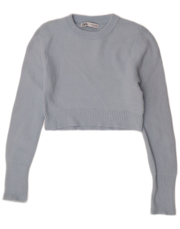 Zara Womens Crop Crew Neck Jumper Sweater UK 10 Small Blue Nylon