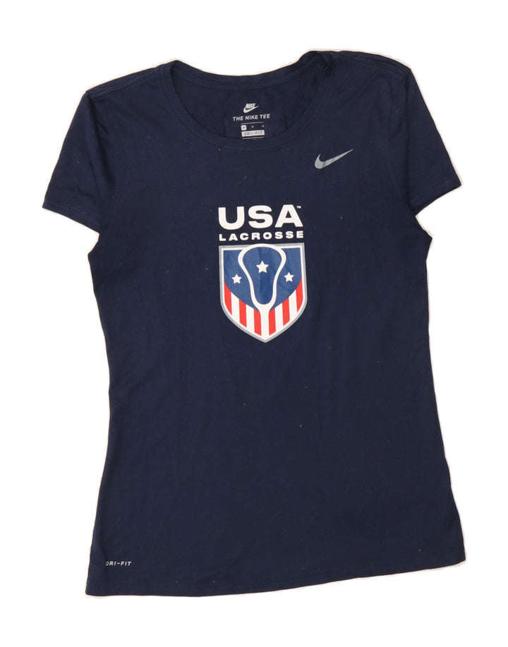 NIKE Womens Dri Fit Graphic T-Shirt Top UK 12 Medium Navy Blue Polyester Vintage Nike and Second-Hand Nike from Messina Hembry 
