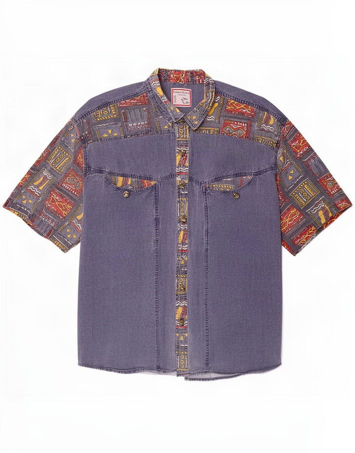 Vintage koszula męska z krótkim rękawem XL niebieska patchworkowa Retro