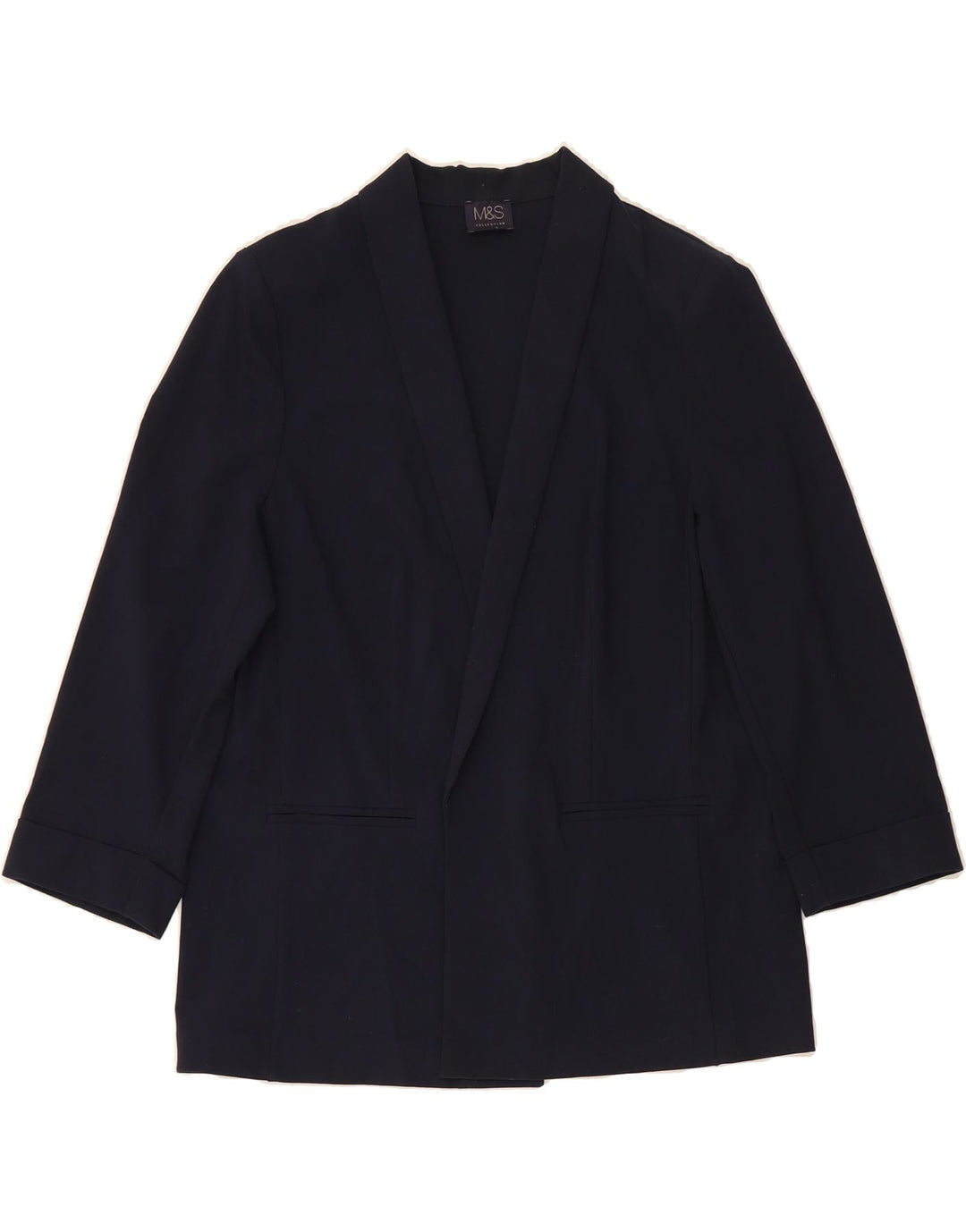 MARKS & SPENCER Womens 3/4 Sleeve Open Blazer Jacket UK 14 Large Navy Blue Vintage Marks & Spencer and Second-Hand Marks & Spencer from Messina Hembry 