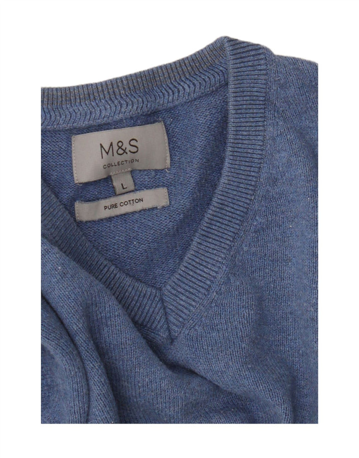Marks & Spencer Męski sweter z dekoltem w kształcie litery V, duży, niebieski, bawełniany