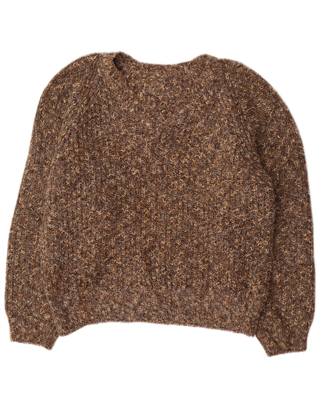 Damski sweter oversize VINTAGE z dekoltem w kształcie litery V, UK 18 XL, brązowy, nakrapiany