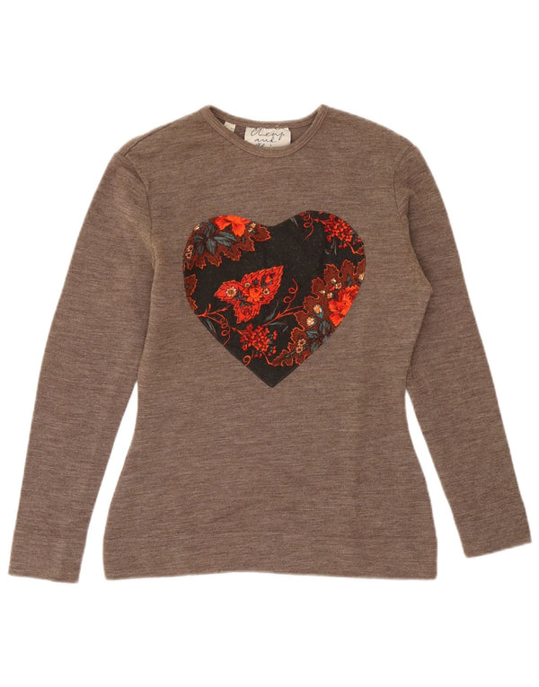 Moschino Womens Crew Neck Jumper Sweater UK 12 Medium Grey Floral Heart