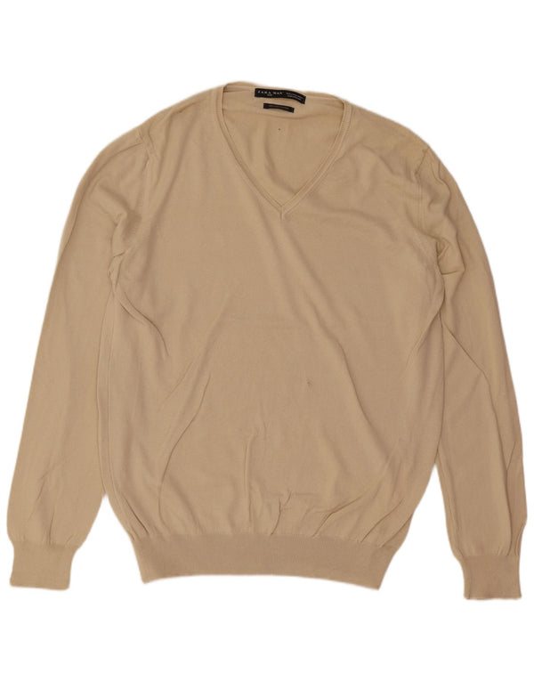 Zara Mens V-Neck Jumper Sweater Large Beige Cotton