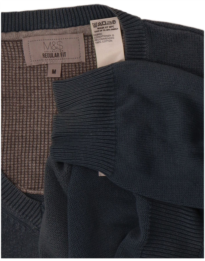 Marks & Spencer Męski sweter o regularnym kroju z dekoltem w kształcie litery V, średnioniebieski, bawełniany