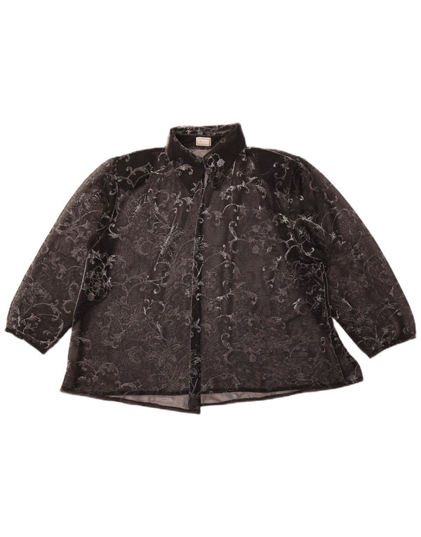 Damska bluzka koszulowa z rękawem 3/4 VINTAGE UK 14, średnia czarna w kwiaty