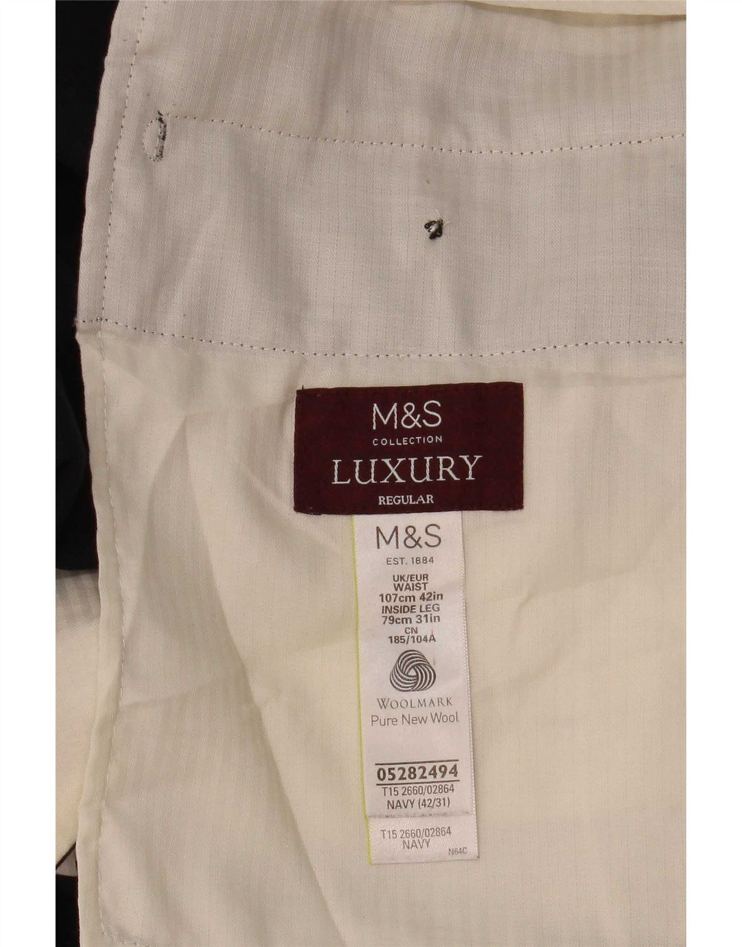 Męskie spodnie garniturowe Marks & Spencer o regularnym kroju W42 L31 Granatowa wełna
