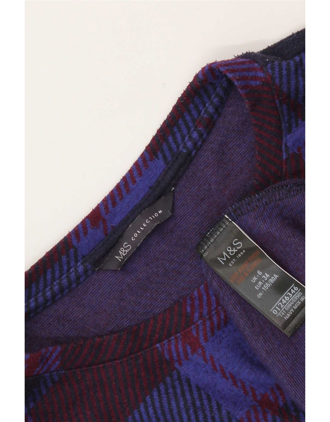Marks & Spencer Damski top z długim rękawem, UK 6 XS, poliester w granatową kratkę