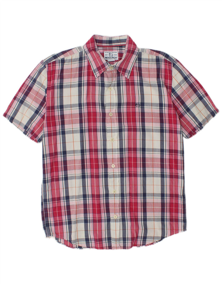 WOOLRICH Męska koszula z krótkim rękawem, bawełniana w średnią czerwoną kratkę