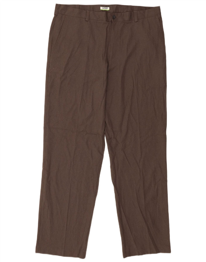 IZOD Mens Straight Chino Trousers W38 L34 Brown Gingham Polyester