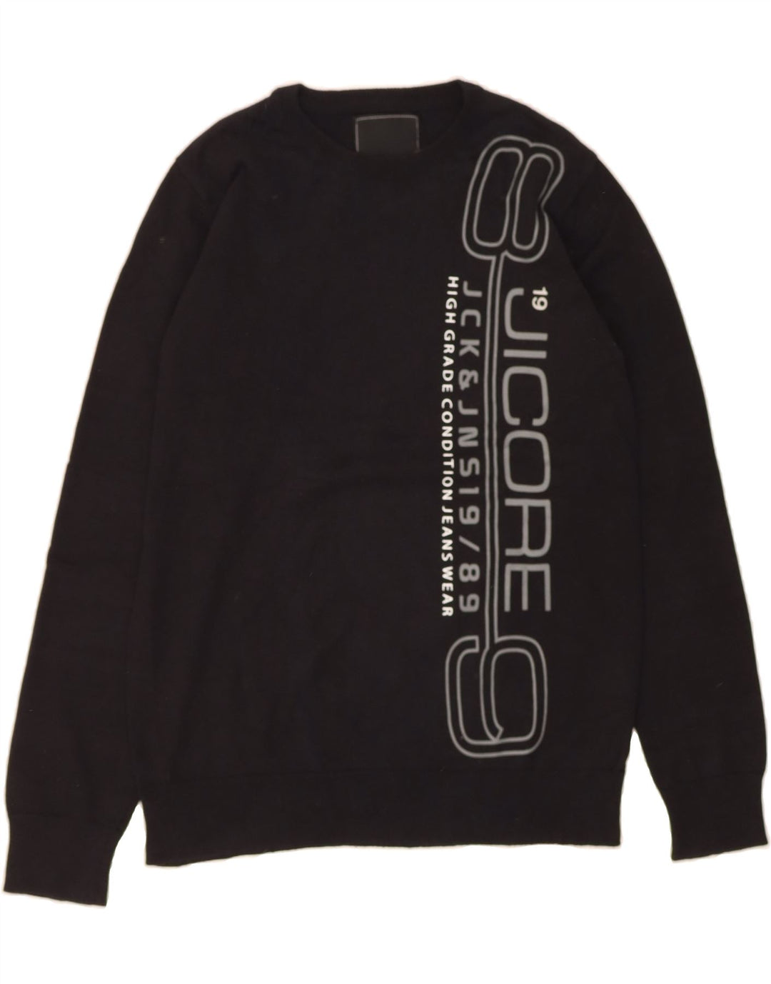 JACK & JONES Mens Graphic Boat Neck Jumper Sweater Medium Black Cotton Vintage Jack & Jones and Second-Hand Jack & Jones from Messina Hembry 