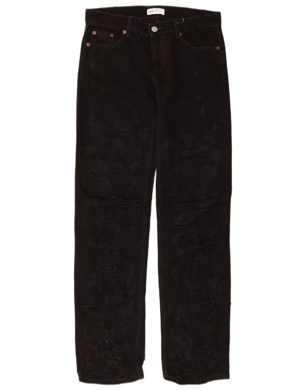 Damskie jeansy Zara z niskim stanem, proste, w trudnej sytuacji, EU 38, małe, W28, L34, czarne