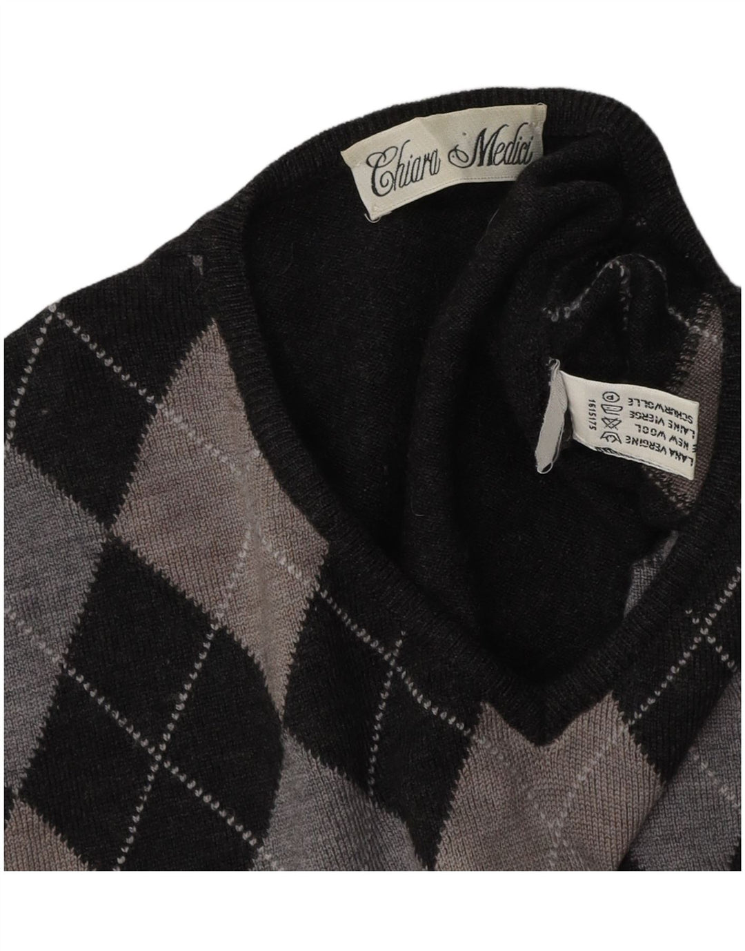 Sweter damski VINTAGE z dekoltem w kształcie litery V, UK 16, duży, szary, argyle/diament