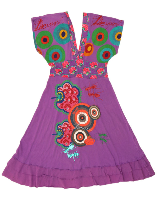 Desigual damska graficzna sukienka Batwing Empire UK 12, średnia fioletowa bawełna