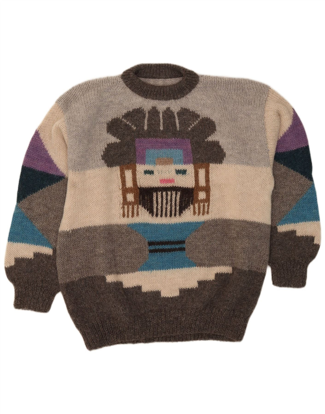 Męski sweter w stylu vintage z graficznym wycięciem pod szyją, duży, szary, geometryczny