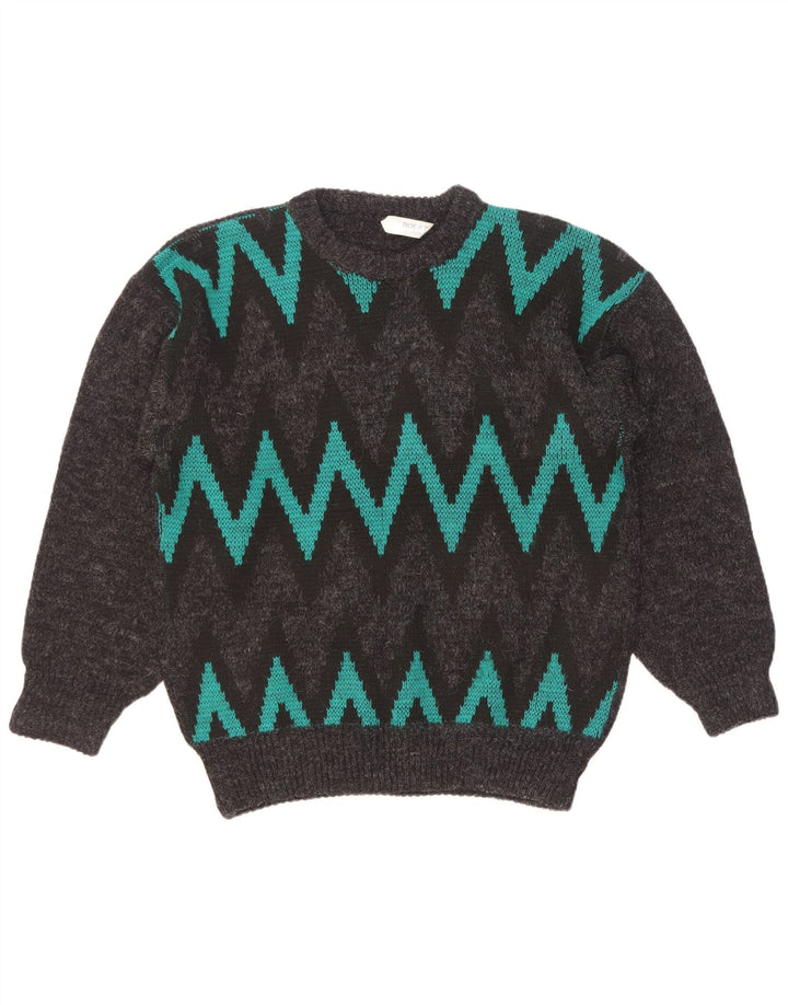 Vintage męski sweter z okrągłym dekoltem, duży szary jodełka