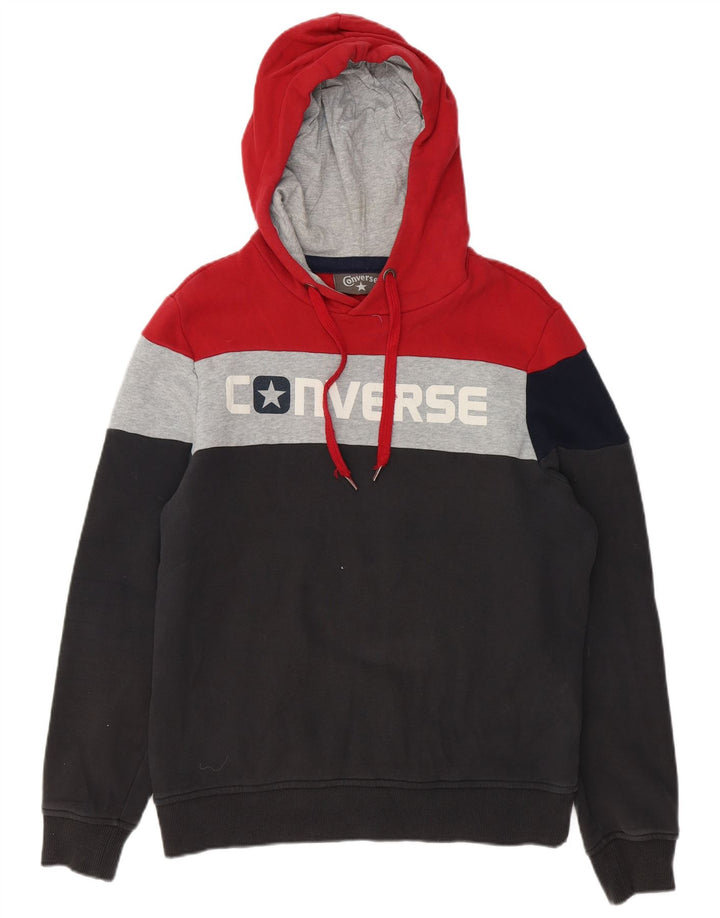 CONVERSE Mens Graphic Hoodie Jumper Medium Black Colourblock Cotton