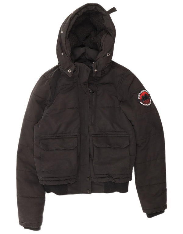 Damska kurtka z kapturem Superdry o luźnym kroju, wyściełana UK 10, mała, czarna, zimowa