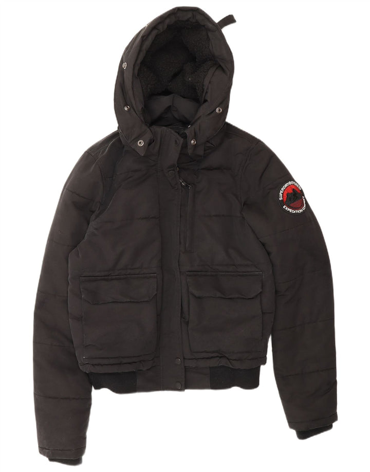 Damska kurtka z kapturem Superdry o luźnym kroju, wyściełana UK 10, mała, czarna, zimowa