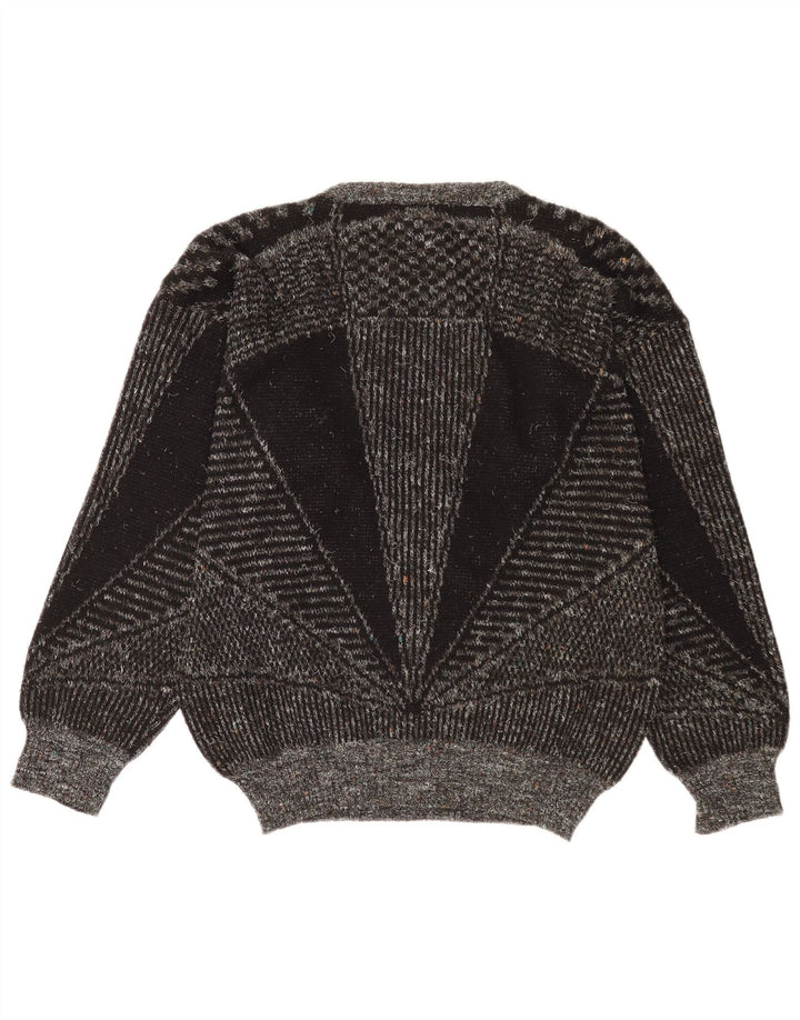 Vintage męski sweter z dekoltem w łódkę, średnioszary, geometryczny wełniany