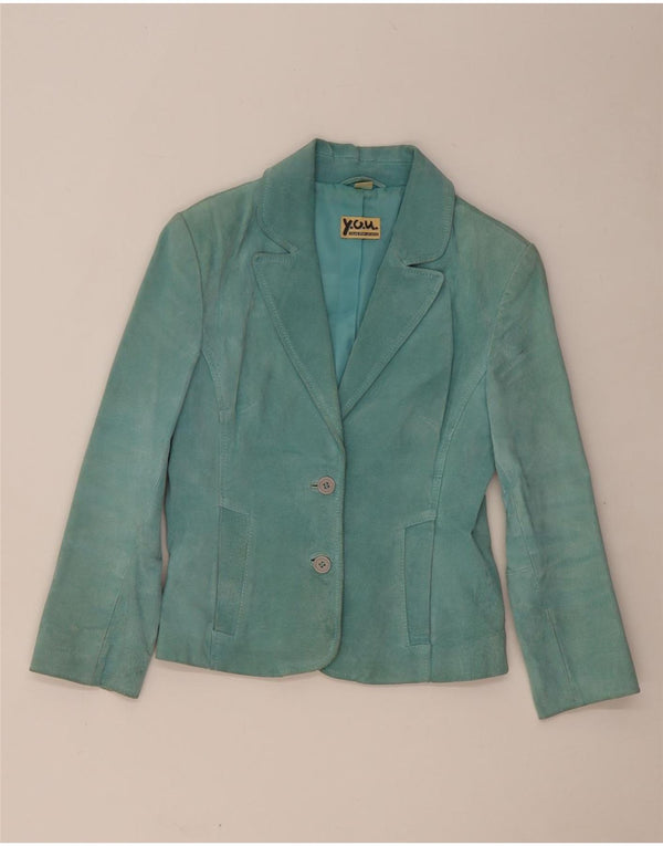VINTAGE Womens 2 Button Suede Blazer Jacket UK 10 Small Turquoise Leather