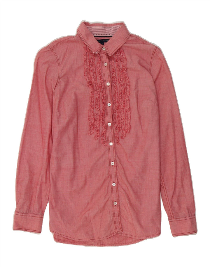 TOMMY HILFIGER Womens Ruffle Front Shirt US 4 Small Red Cotton Vintage Tommy Hilfiger and Second-Hand Tommy Hilfiger from Messina Hembry 