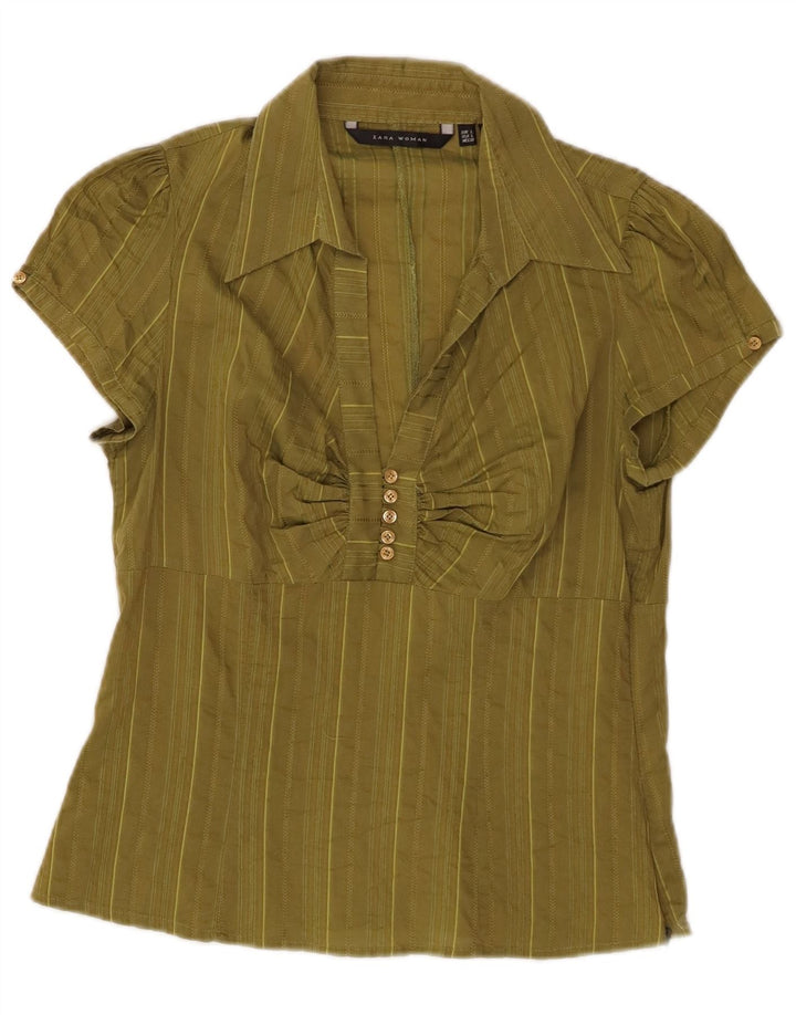 Damska koszula pulowerowa ZARA z krótkim rękawem UK 14, duża, bawełniana w paski khaki