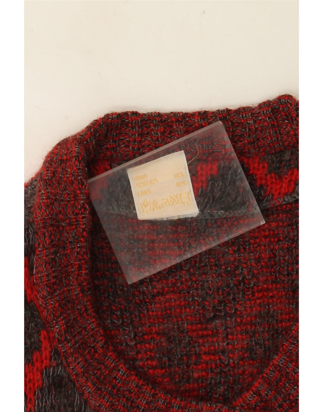 Damski sweter oversize VINTAGE UK 16, duży, czerwony, geometryczny, wełniany