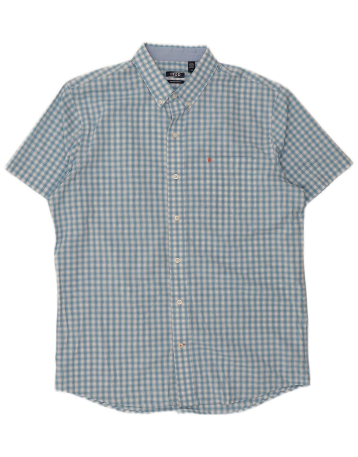 IZOD Mens Short Sleeve Shirt Large Blue Gingham Cotton
