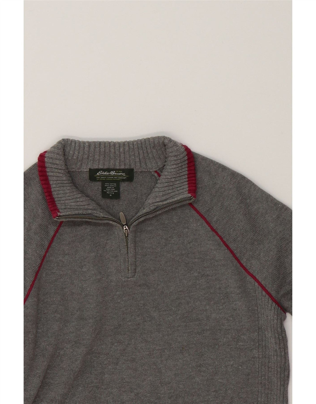 EDDIE BAUER Womens Petite Crop Zip Neck Jumper Sweater UK 14 Medium Grey Vintage Eddie Bauer and Second-Hand Eddie Bauer from Messina Hembry 