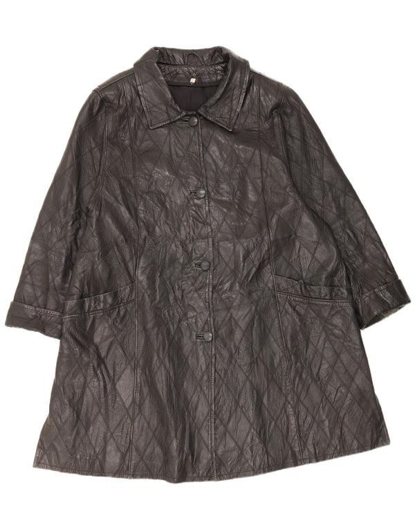 Vintage damski płaszcz skórzany UK 20 2XL czarna skóra argyle/diamentowa