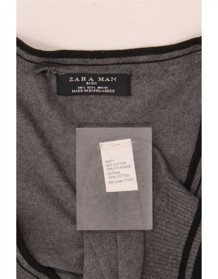 Męski sweter Zara, duży, szary, bawełniany w paski
