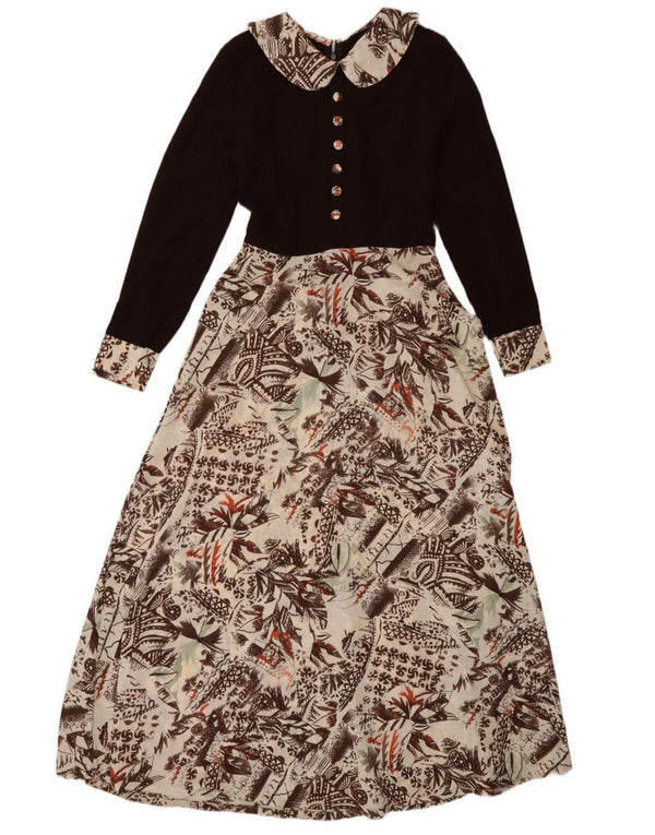 Damska sukienka maxi z długim rękawem w stylu vintage UK 12 Średni brązowy kwiatowy