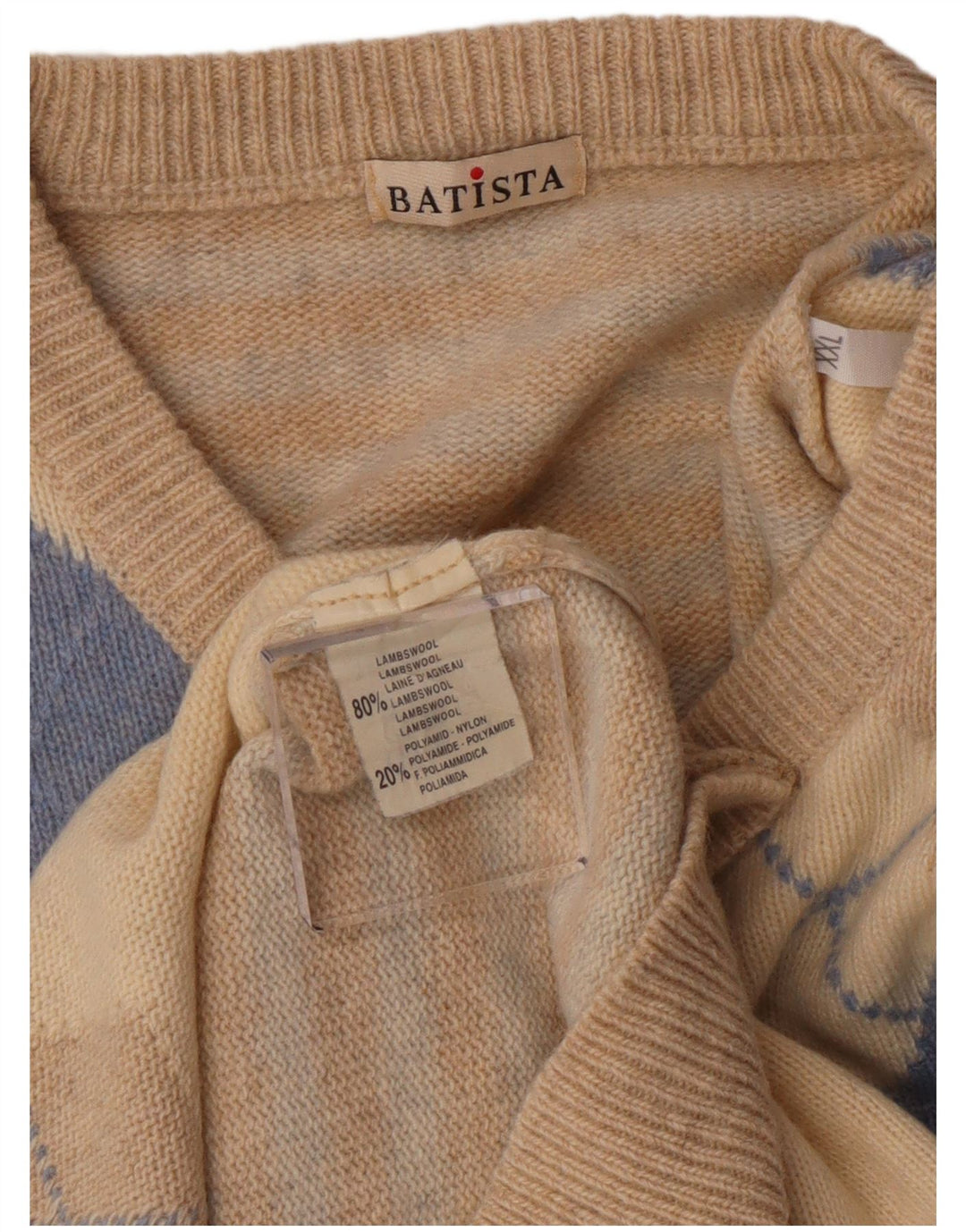 Sweter męski w stylu vintage z dekoltem w kształcie litery V, 2XL, beżowy Argyle/diamentowa wełna owcza