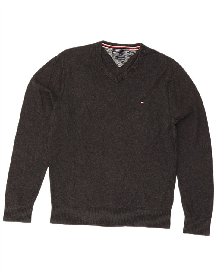 Męski sweter Tommy Hilfiger z dekoltem w kształcie litery V, średnioszary, bawełniany