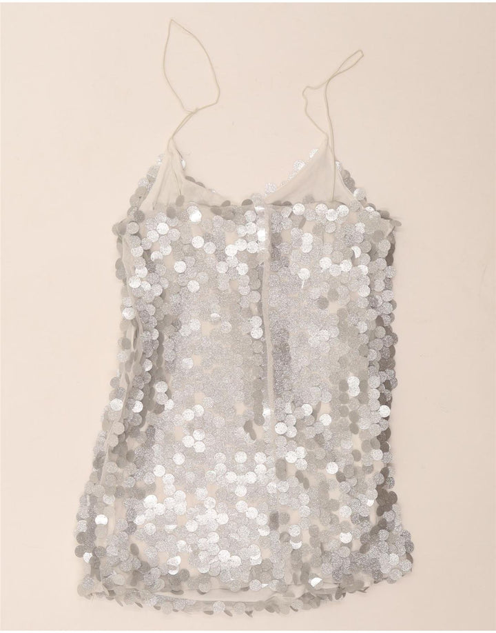 Vintage damski top na ramiączkach UK 12, średni srebrny poliester