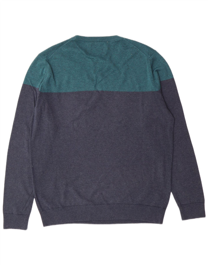 SPRINGFIELD Mens Crew Neck Jumper Sweater Large Green Colourblock Cotton