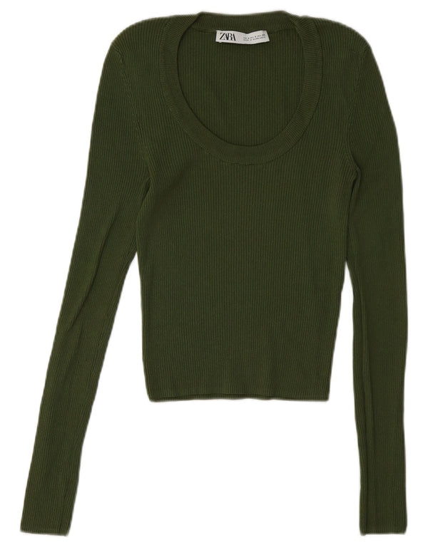Damski top Zara Slim Fit z długim rękawem, UK 8, Small, zielony, wiskoza