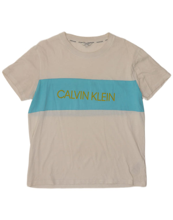 Damska koszulka graficzna Calvin Klein Top UK 16, duża, biała, z blokami kolorów