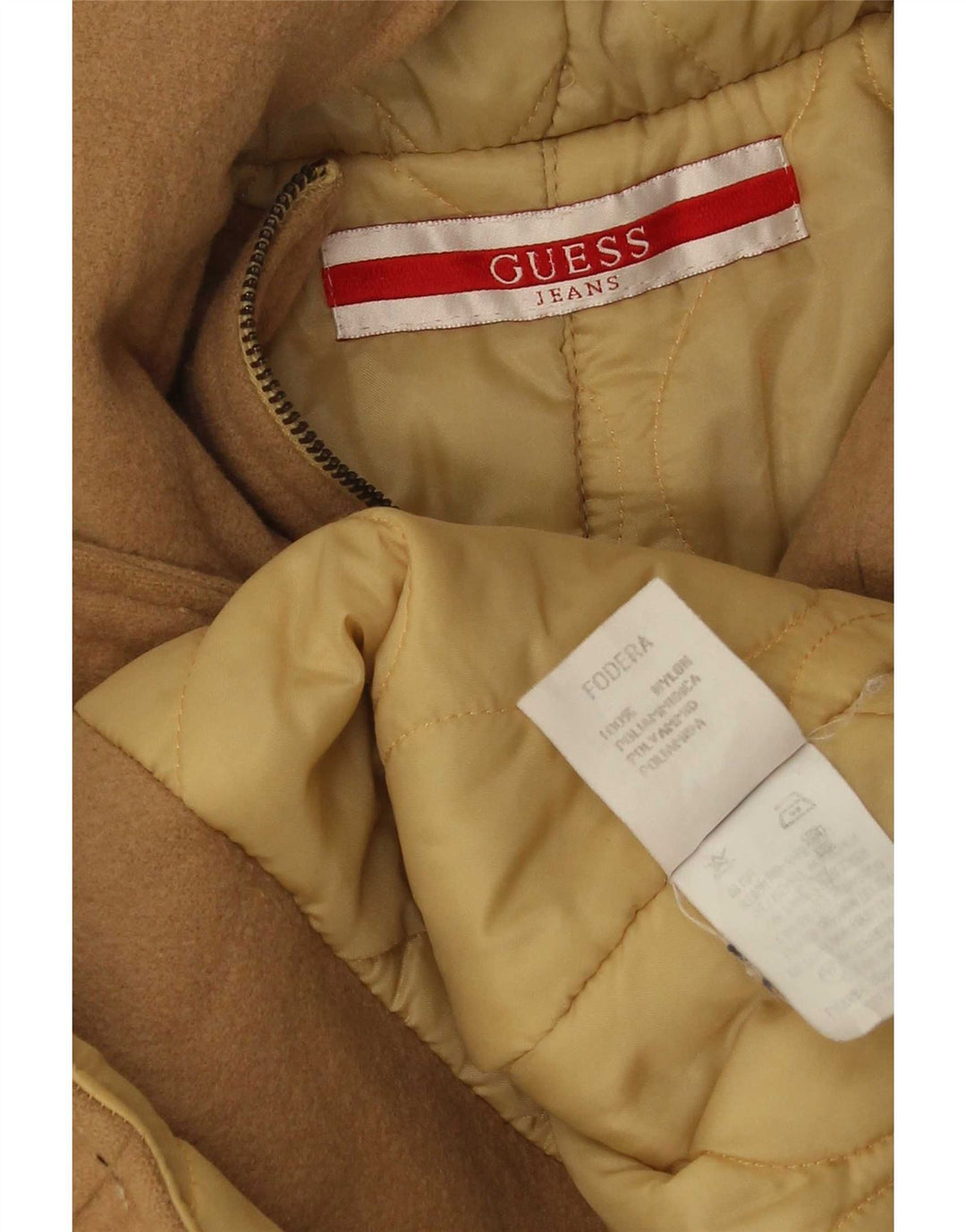 Damska kurtka parka z kapturem Guess UK 14, duża, beżowa, nylonowa