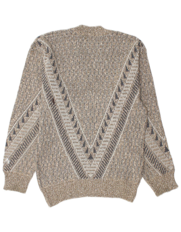 Męski sweter w stylu vintage z dekoltem w szpic, mały, szary, geometryczny