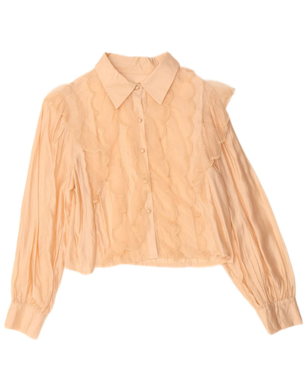 Damska bluzka koszulowa w stylu vintage, z falbaną z przodu, UK 14, średnia beżowa wiskoza