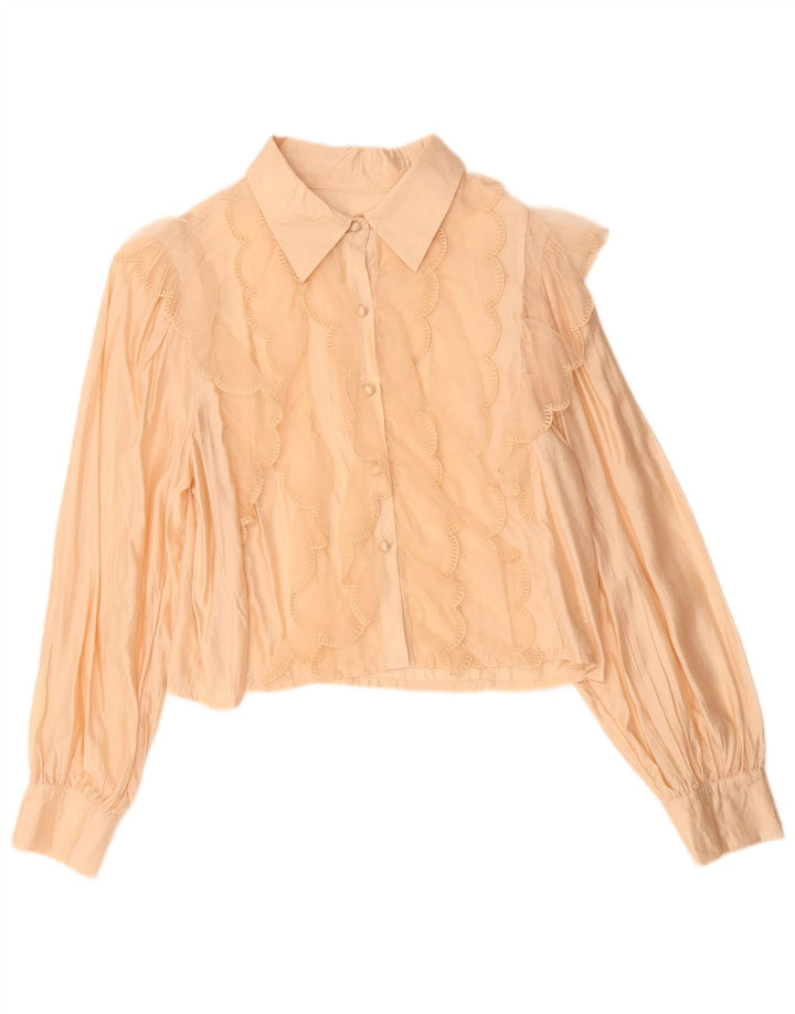 Damska bluzka koszulowa w stylu vintage, z falbaną z przodu, UK 14, średnia beżowa wiskoza