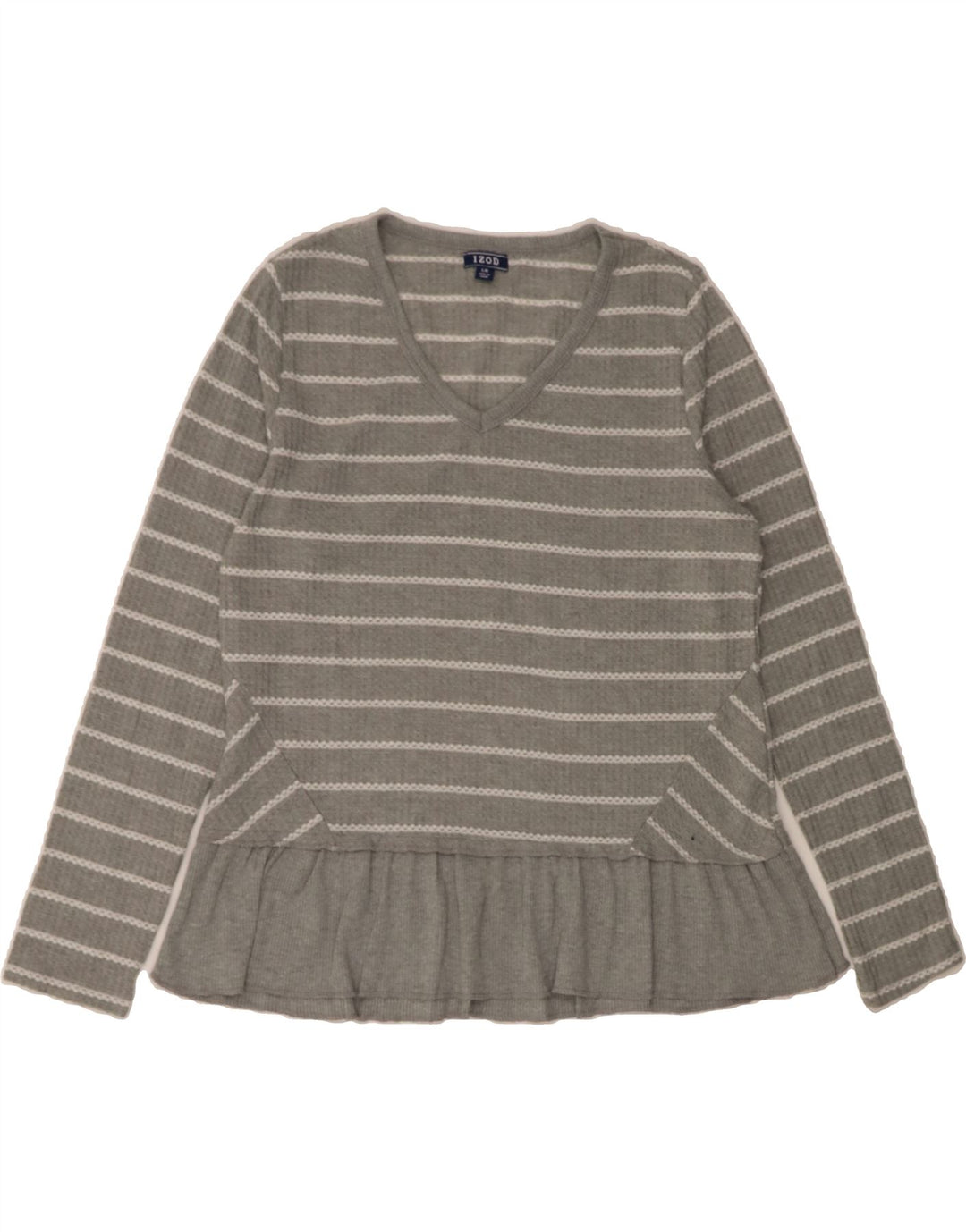 IZOD Womens V-Neck Jumper Sweater UK 16 Large Grey Striped Polyester Vintage Izod and Second-Hand Izod from Messina Hembry 