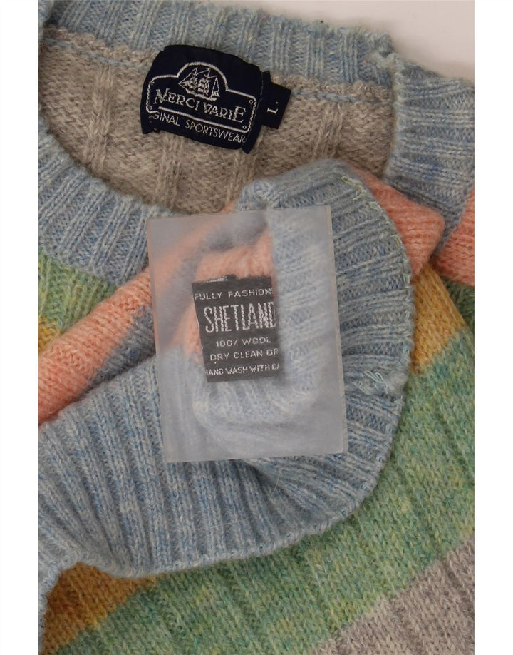 Vintage męski sweter z okrągłym dekoltem, duży, wielobarwny wełniany pasek