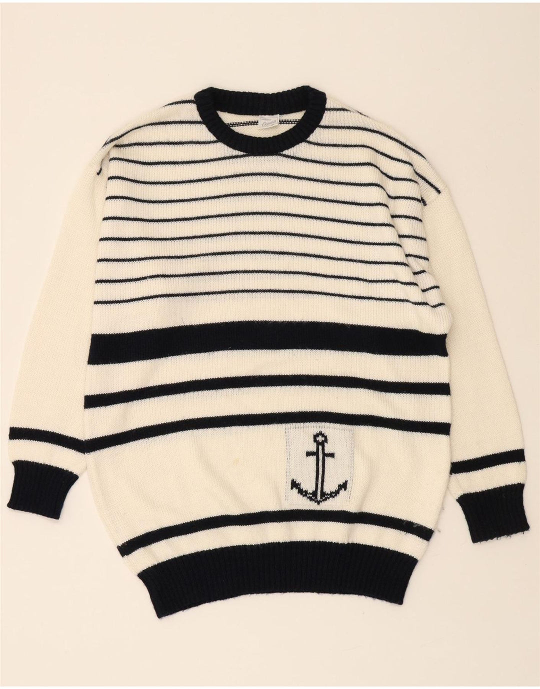 VINTAGE Mens Crew Neck Jumper Sweater IT 50 Medium White Striped Vintage Vintage and Second-Hand Vintage from Messina Hembry 