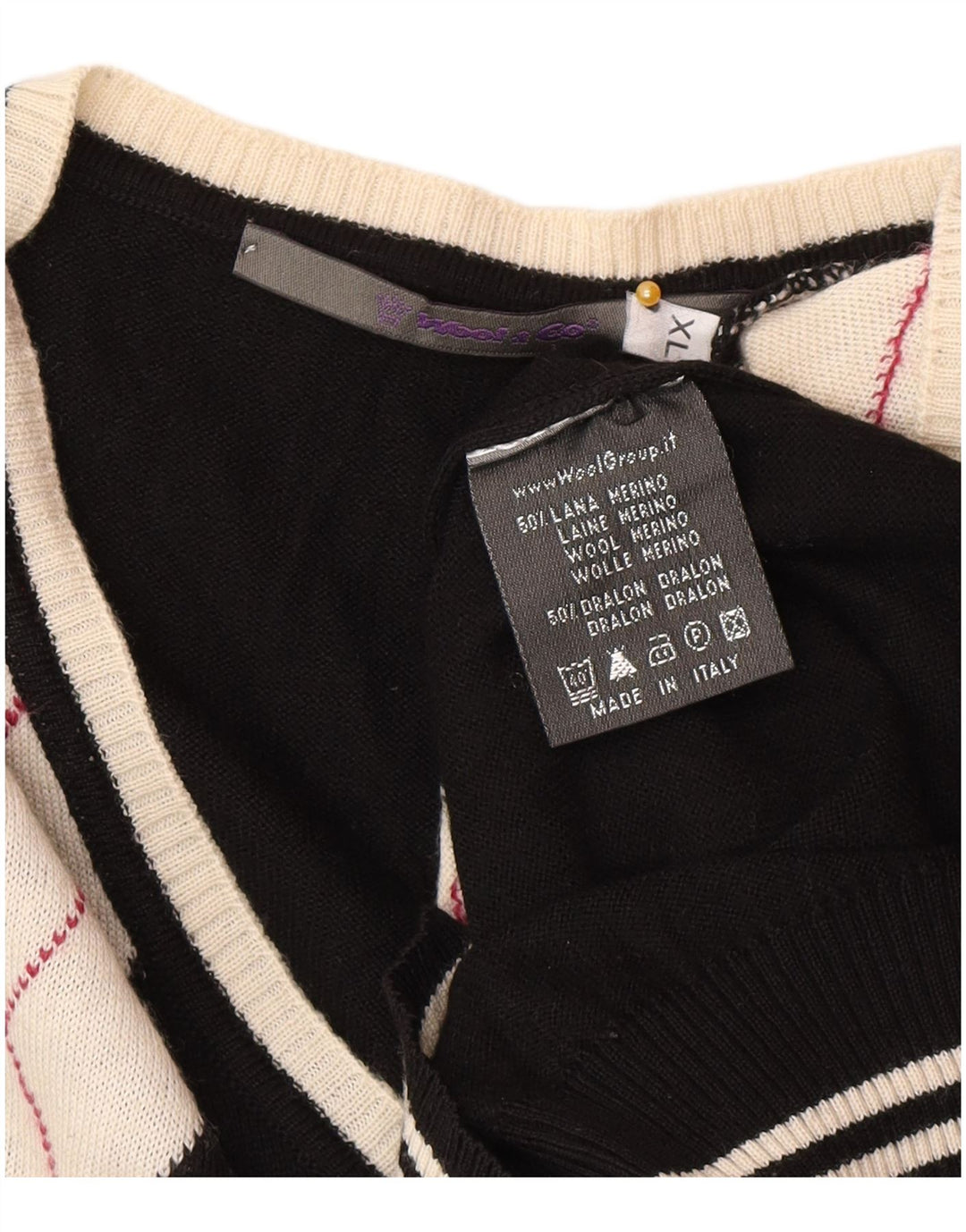 Vintage męski sweter z dekoltem w kształcie litery V, XL, czarna tkanina argyle/diamentowa wełna